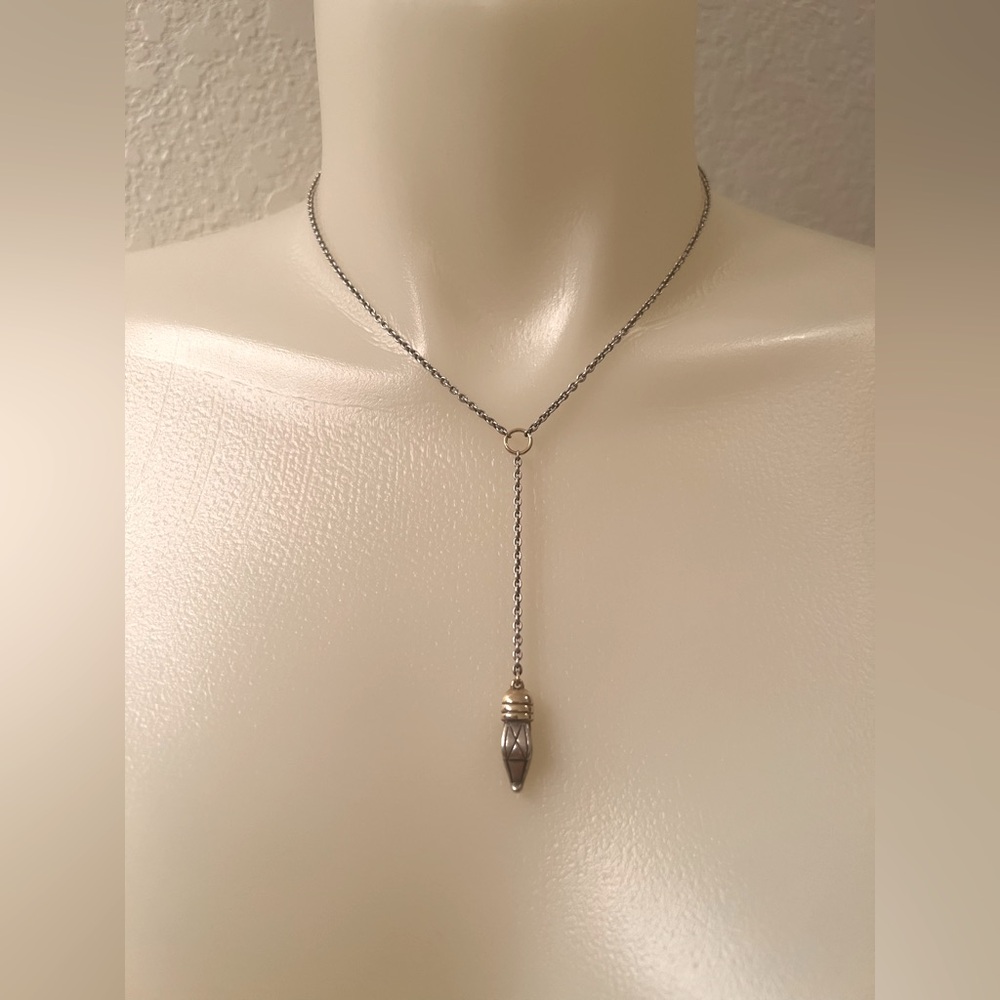 Lariat Pendant Necklace Two-Tone 925 Silver 14K Gold 2 Diamonds Kieselstein Cord